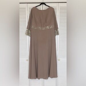 JJs House Elegant Long Sleeve Dress in Taupe with Lace Accents